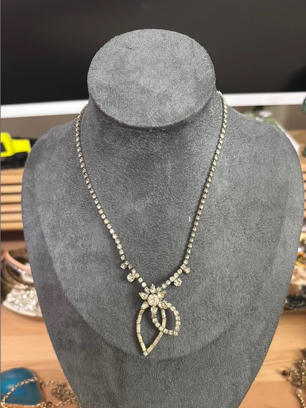 Crystal Leaf Drop Necklace - Silver Tone